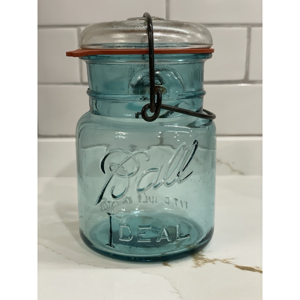 Vintage Ball Ideal Blue Pint Mason Jar Wire Bail Glass Lid #4 Canning 16 oz